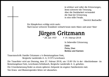 Anzeige von Jürgen Gritzmann von Kölner Stadt-Anzeiger / Kölnische Rundschau / Express