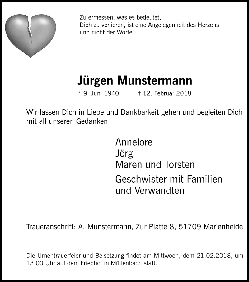  Traueranzeige für Jürgen Munstermann vom 17.02.2018 aus Kölner Stadt-Anzeiger / Kölnische Rundschau / Express