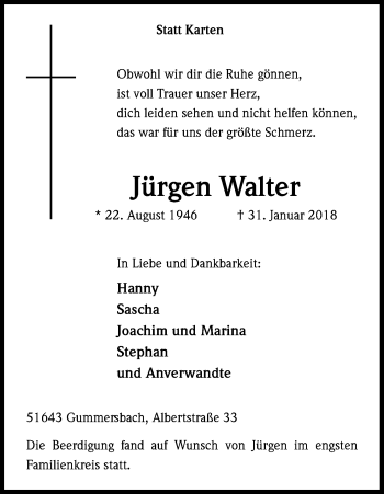 Anzeige von Jürgen Walter von Kölner Stadt-Anzeiger / Kölnische Rundschau / Express