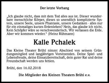 Anzeige von Kalle Pchalek von Kölner Stadt-Anzeiger / Kölnische Rundschau / Express