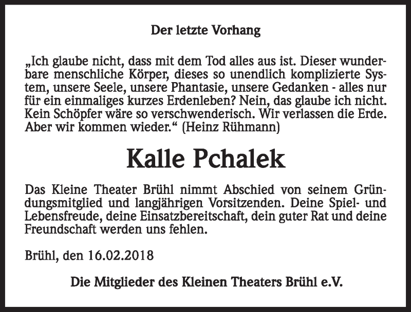  Traueranzeige für Kalle Pchalek vom 21.02.2018 aus  Schlossbote/Werbekurier 