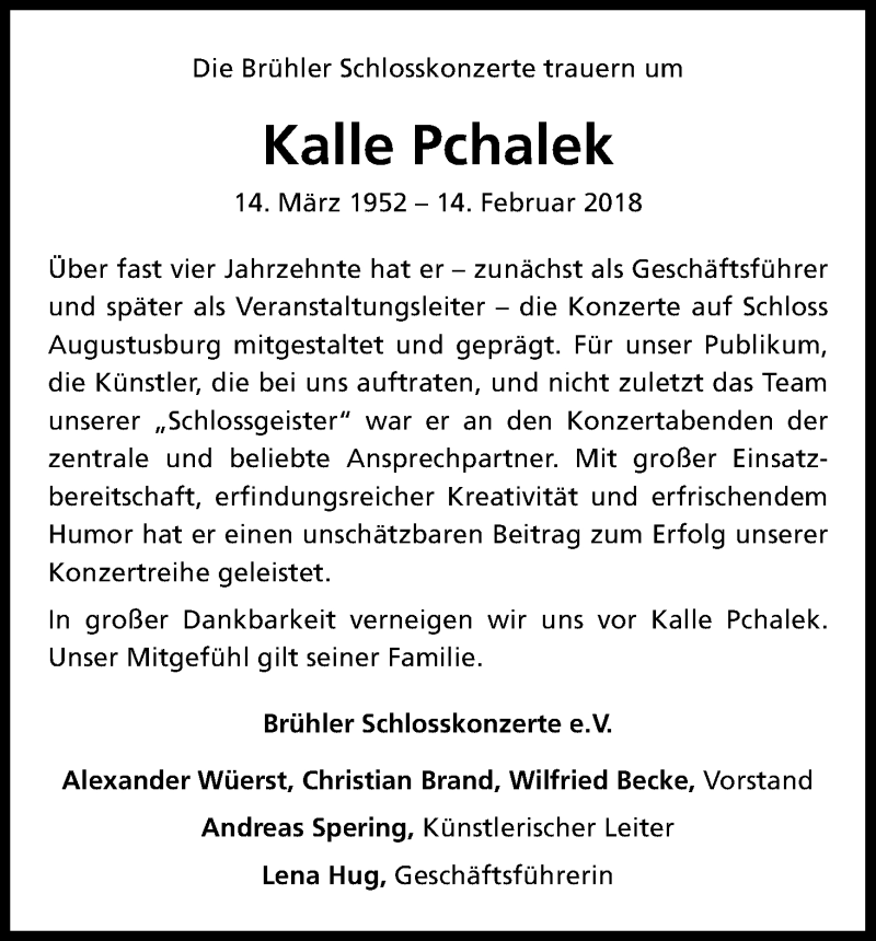  Traueranzeige für Kalle Pchalek vom 17.02.2018 aus Kölner Stadt-Anzeiger / Kölnische Rundschau / Express
