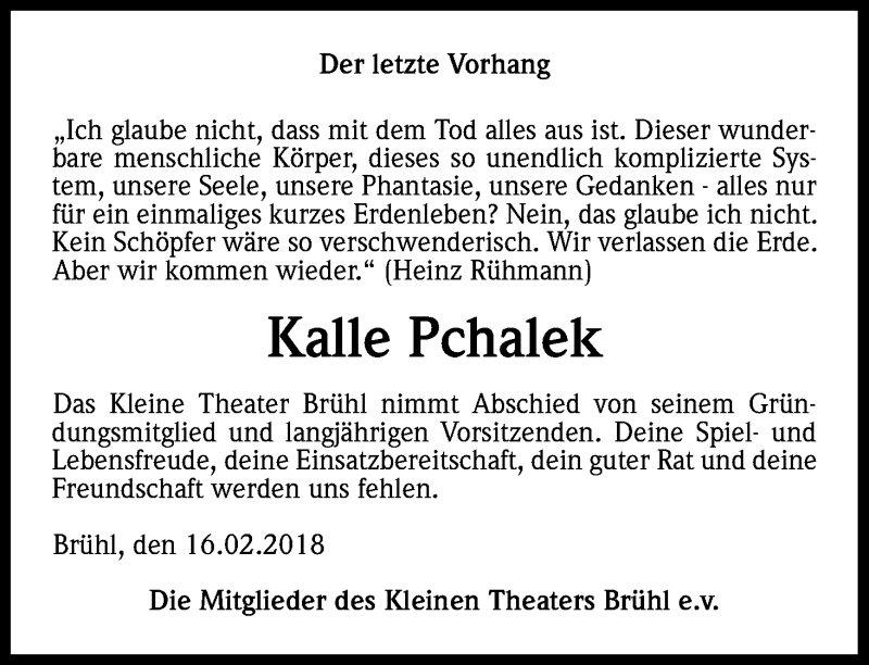  Traueranzeige für Kalle Pchalek vom 17.02.2018 aus Kölner Stadt-Anzeiger / Kölnische Rundschau / Express