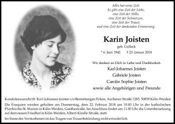 Anzeige von Karin Joisten von Kölner Stadt-Anzeiger / Kölnische Rundschau / Express