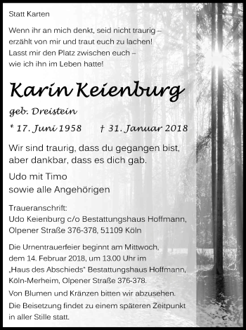 Anzeige von Karin Keienburg von Kölner Stadt-Anzeiger / Kölnische Rundschau / Express