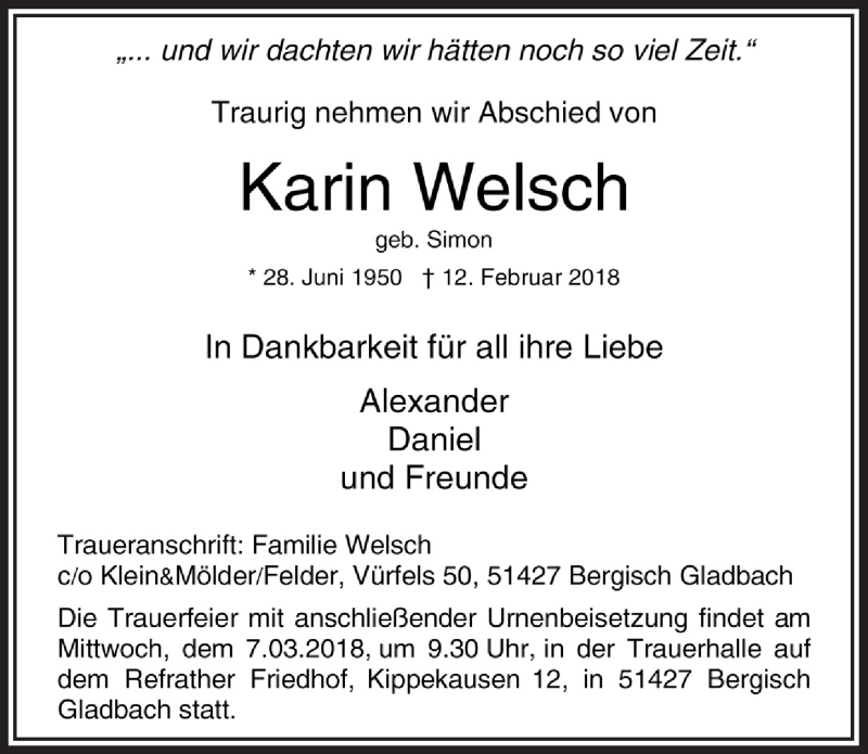  Traueranzeige für Karin Welsch vom 28.02.2018 aus  Bergisches Handelsblatt 