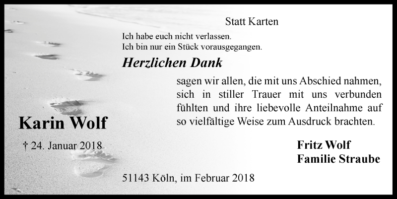  Traueranzeige für Karin Wolf vom 21.02.2018 aus  Kölner Wochenspiegel 