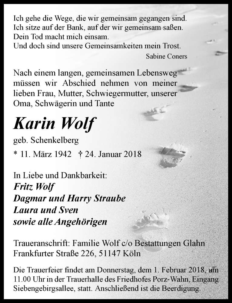  Traueranzeige für Karin Wolf vom 31.01.2018 aus  Kölner Wochenspiegel 