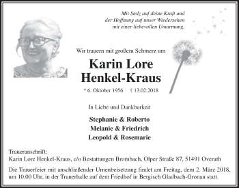 Anzeige von Karin Lore Henkel-Kraus von  Bergisches Sonntagsblatt 