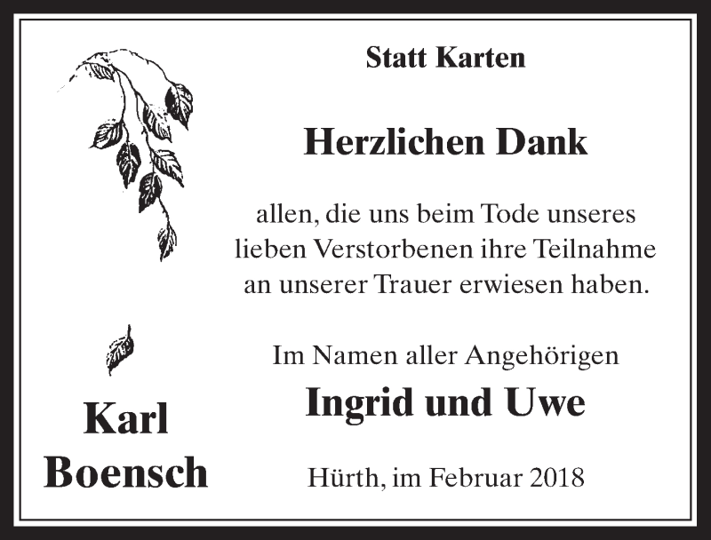  Traueranzeige für Karl Boensch vom 21.02.2018 aus  Wochenende 