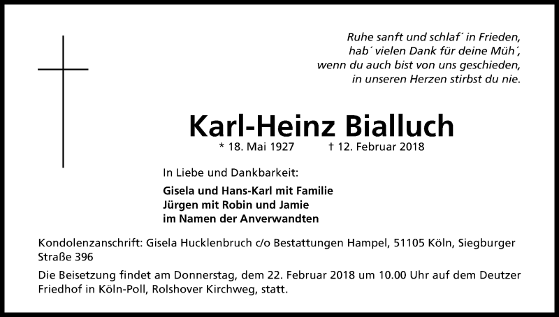  Traueranzeige für Karl-Heinz Bialluch vom 20.02.2018 aus Kölner Stadt-Anzeiger / Kölnische Rundschau / Express