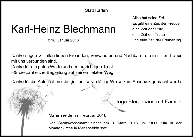  Traueranzeige für Karl-Heinz Blechmann vom 17.02.2018 aus Kölner Stadt-Anzeiger / Kölnische Rundschau / Express
