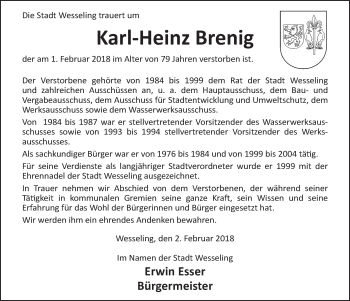 Anzeige von Karl-Heinz Brenig von  Schlossbote/Werbekurier 