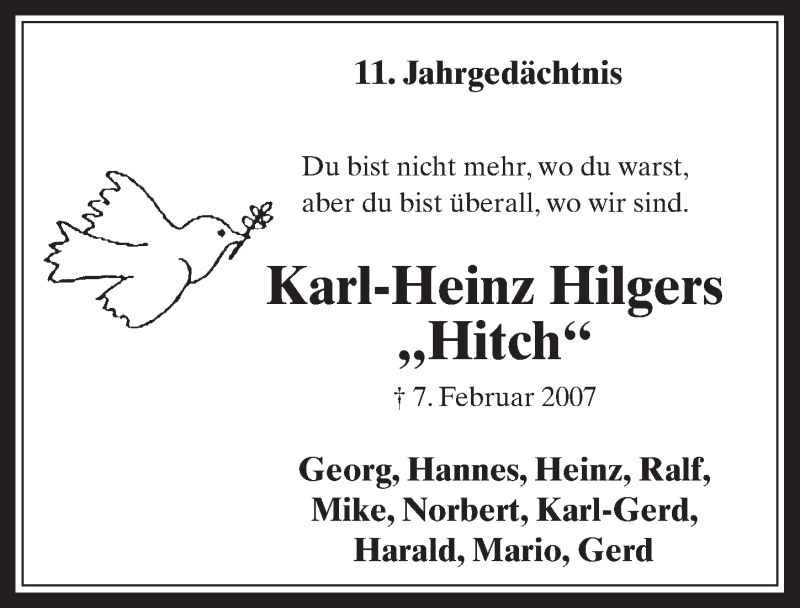  Traueranzeige für Karl-Heinz Hilgers vom 07.02.2018 aus  Werbepost 