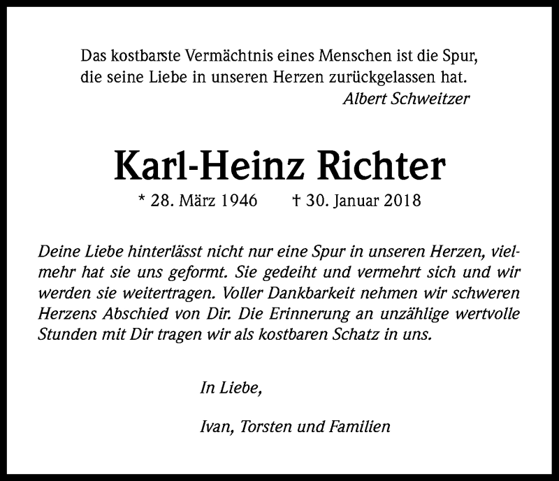  Traueranzeige für Karl-Heinz Richter vom 03.02.2018 aus Kölner Stadt-Anzeiger / Kölnische Rundschau / Express