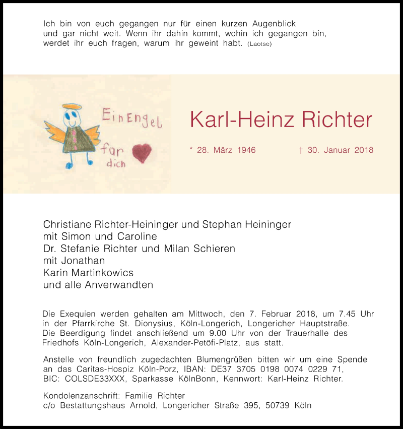  Traueranzeige für Karl-Heinz Richter vom 03.02.2018 aus Kölner Stadt-Anzeiger / Kölnische Rundschau / Express