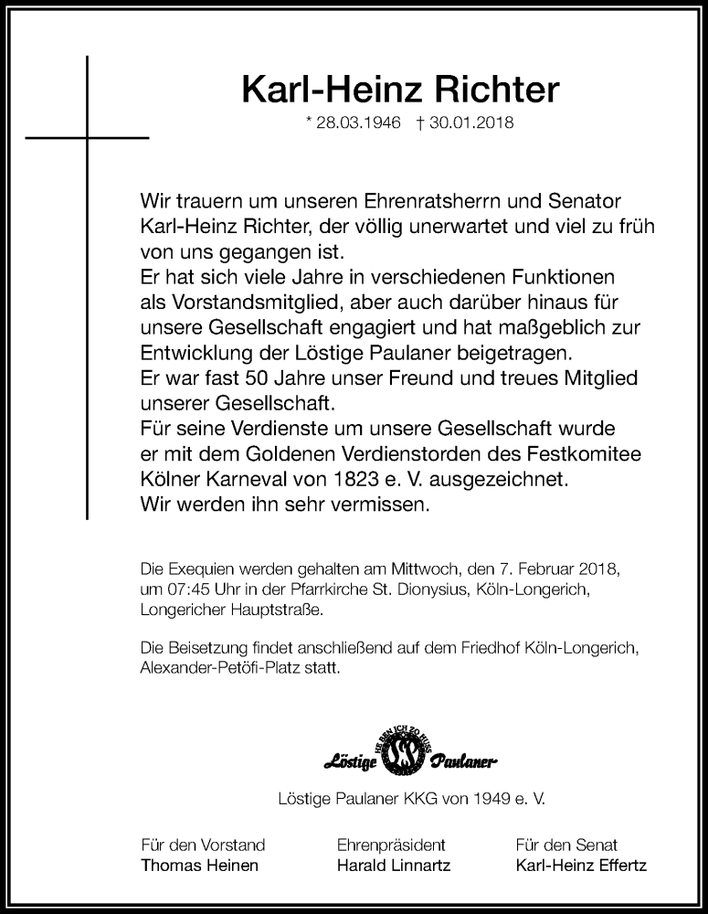  Traueranzeige für Karl-Heinz Richter vom 03.02.2018 aus Kölner Stadt-Anzeiger / Kölnische Rundschau / Express