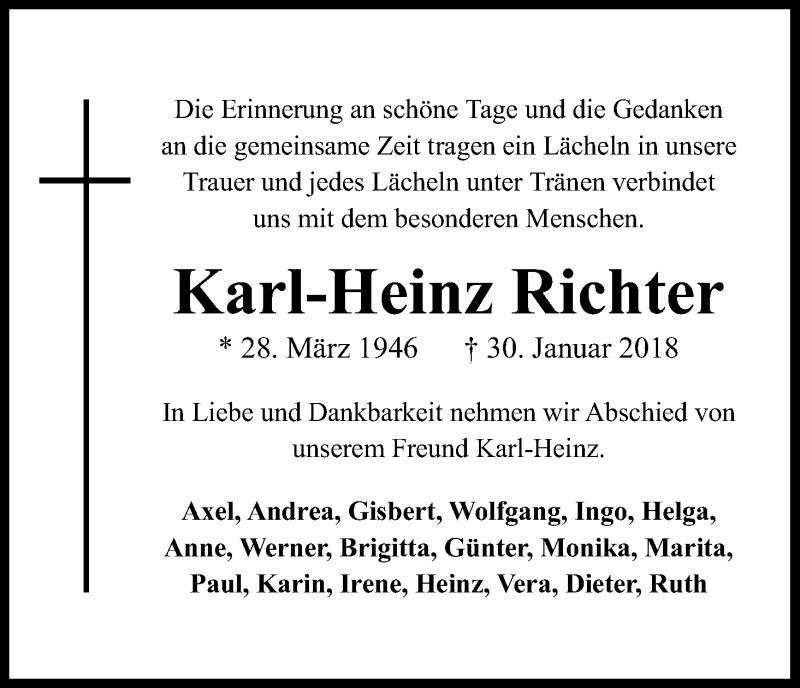  Traueranzeige für Karl-Heinz Richter vom 05.02.2018 aus Kölner Stadt-Anzeiger / Kölnische Rundschau / Express