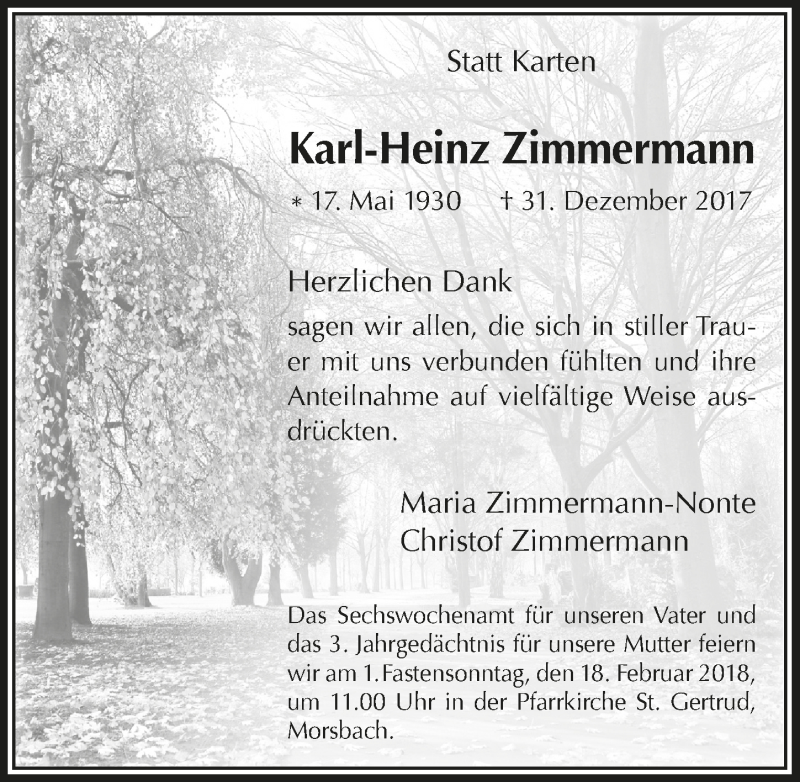  Traueranzeige für Karl-Heinz Zimmermann vom 14.02.2018 aus  Lokalanzeiger 