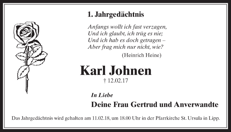 Traueranzeige für Karl Johnen vom 07.02.2018 aus  Werbepost 