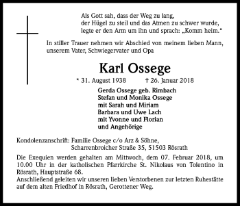Anzeige von Karl Ossege von Kölner Stadt-Anzeiger / Kölnische Rundschau / Express