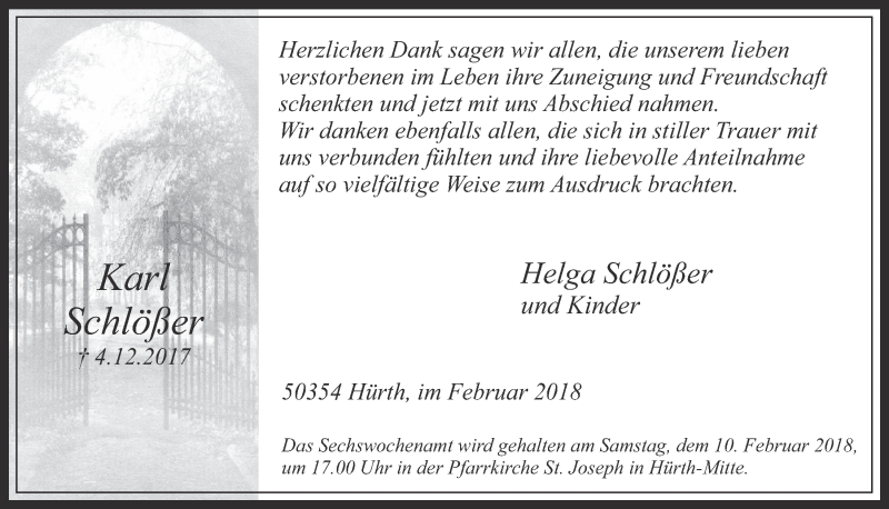  Traueranzeige für Karl Schlößer vom 07.02.2018 aus  Wochenende 