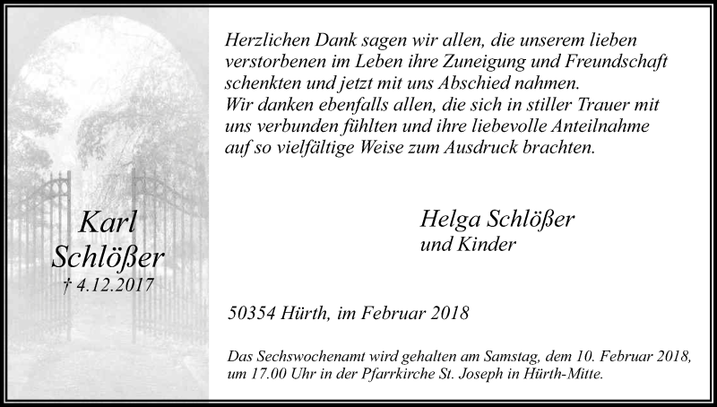  Traueranzeige für Karl Schlößer vom 03.02.2018 aus Kölner Stadt-Anzeiger / Kölnische Rundschau / Express
