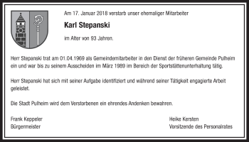 Anzeige von Karl Stepanski von  Sonntags-Post 