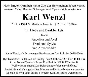 Anzeige von Karl Wenzl von  Kölner Wochenspiegel 