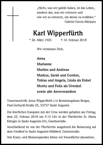 Anzeige von Karl Wipperfürth von Kölner Stadt-Anzeiger / Kölnische Rundschau / Express