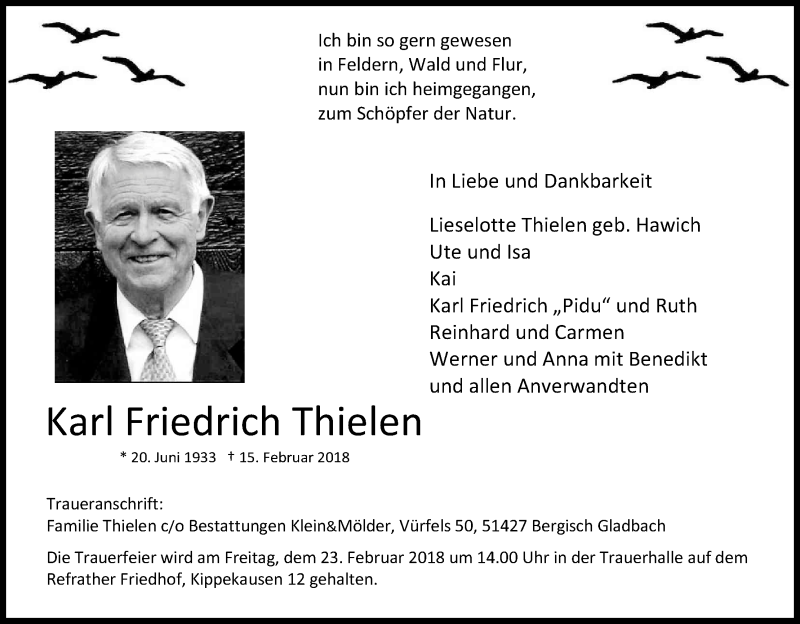  Traueranzeige für Karl Friedrich Thielen vom 17.02.2018 aus Kölner Stadt-Anzeiger / Kölnische Rundschau / Express