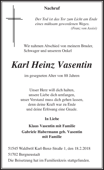 Anzeige von Karl Heinz Vasentin von  Lokalanzeiger 