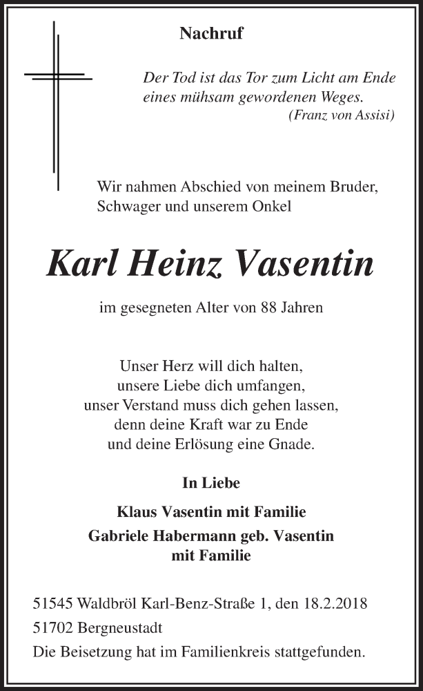  Traueranzeige für Karl Heinz Vasentin vom 28.02.2018 aus  Lokalanzeiger 
