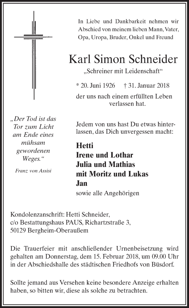  Traueranzeige für Karl Simon Schneider vom 10.02.2018 aus  Sonntags-Post 