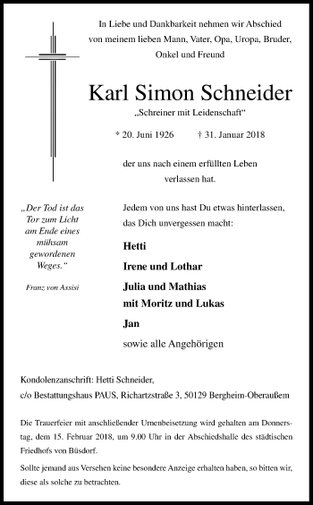 Anzeige von Karl Simon Schneider von Kölner Stadt-Anzeiger / Kölnische Rundschau / Express