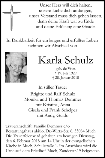 Anzeige von Karla Schulz von Kölner Stadt-Anzeiger / Kölnische Rundschau / Express