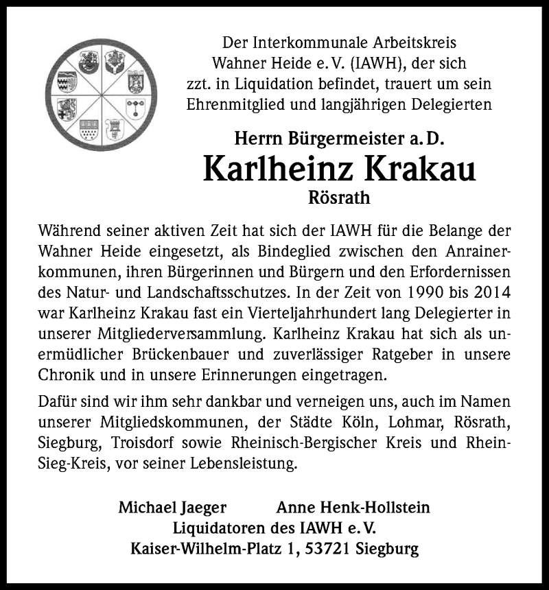  Traueranzeige für Karlheinz Krakau vom 17.02.2018 aus Kölner Stadt-Anzeiger / Kölnische Rundschau / Express
