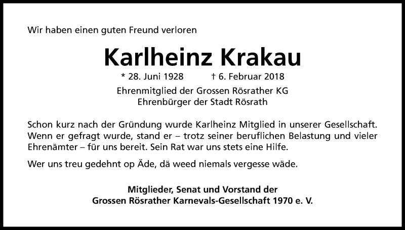  Traueranzeige für Karlheinz Krakau vom 12.02.2018 aus Kölner Stadt-Anzeiger / Kölnische Rundschau / Express