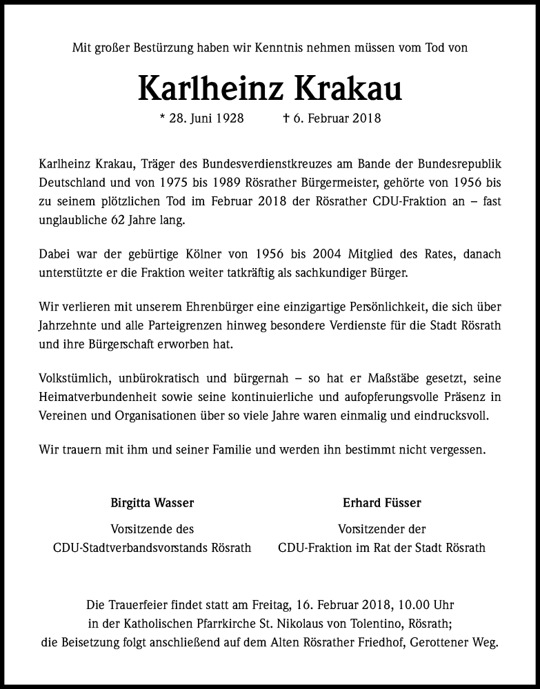  Traueranzeige für Karlheinz Krakau vom 10.02.2018 aus Kölner Stadt-Anzeiger / Kölnische Rundschau / Express