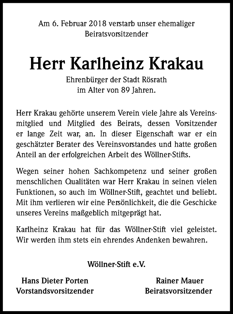  Traueranzeige für Karlheinz Krakau vom 14.02.2018 aus Kölner Stadt-Anzeiger / Kölnische Rundschau / Express