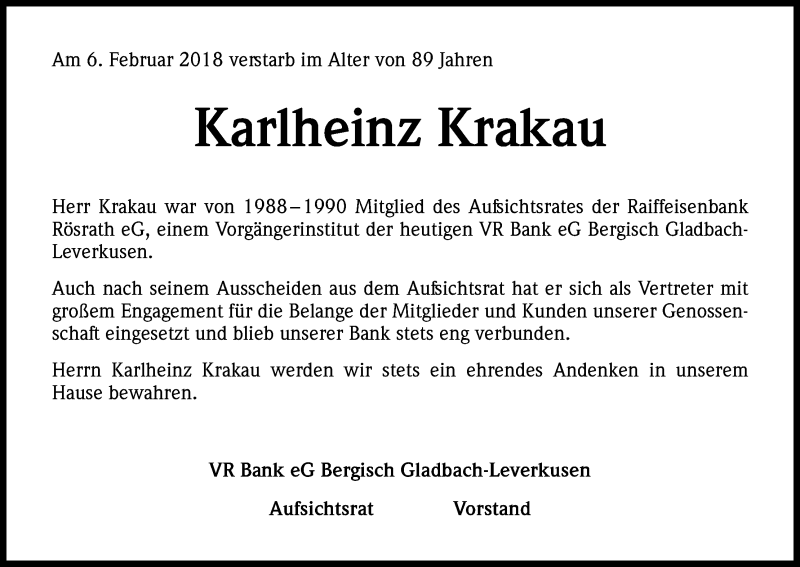  Traueranzeige für Karlheinz Krakau vom 16.02.2018 aus Kölner Stadt-Anzeiger / Kölnische Rundschau / Express