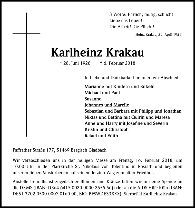  Traueranzeige für Karlheinz Krakau vom 10.02.2018 aus Kölner Stadt-Anzeiger / Kölnische Rundschau / Express