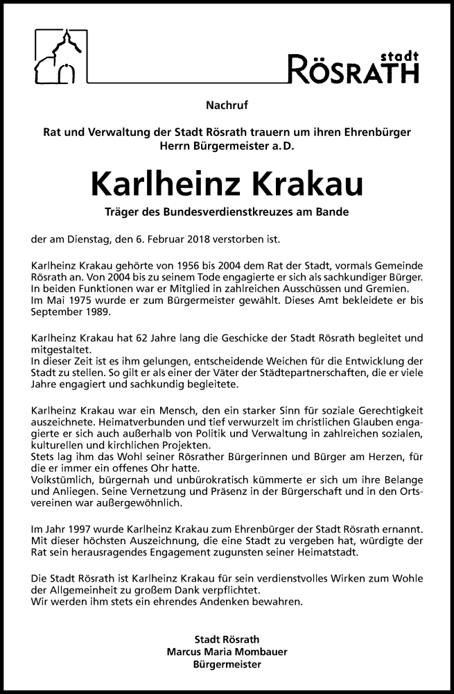  Traueranzeige für Karlheinz Krakau vom 10.02.2018 aus Kölner Stadt-Anzeiger / Kölnische Rundschau / Express