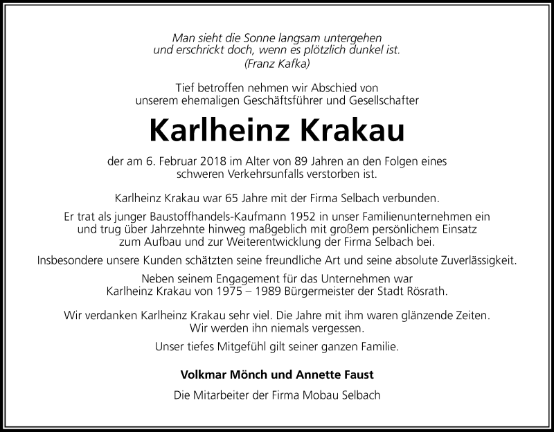  Traueranzeige für Karlheinz Krakau vom 10.02.2018 aus Kölner Stadt-Anzeiger / Kölnische Rundschau / Express