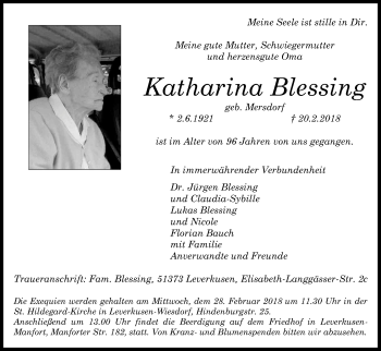 Anzeige von Katharina Blessing von Kölner Stadt-Anzeiger / Kölnische Rundschau / Express