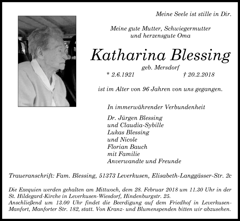  Traueranzeige für Katharina Blessing vom 24.02.2018 aus Kölner Stadt-Anzeiger / Kölnische Rundschau / Express