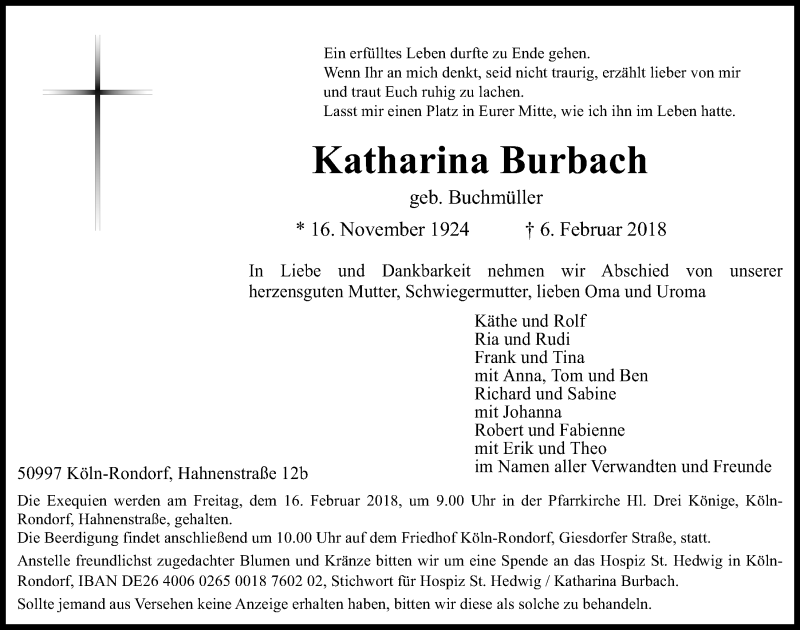  Traueranzeige für Katharina Burbach vom 14.02.2018 aus  Kölner Wochenspiegel 