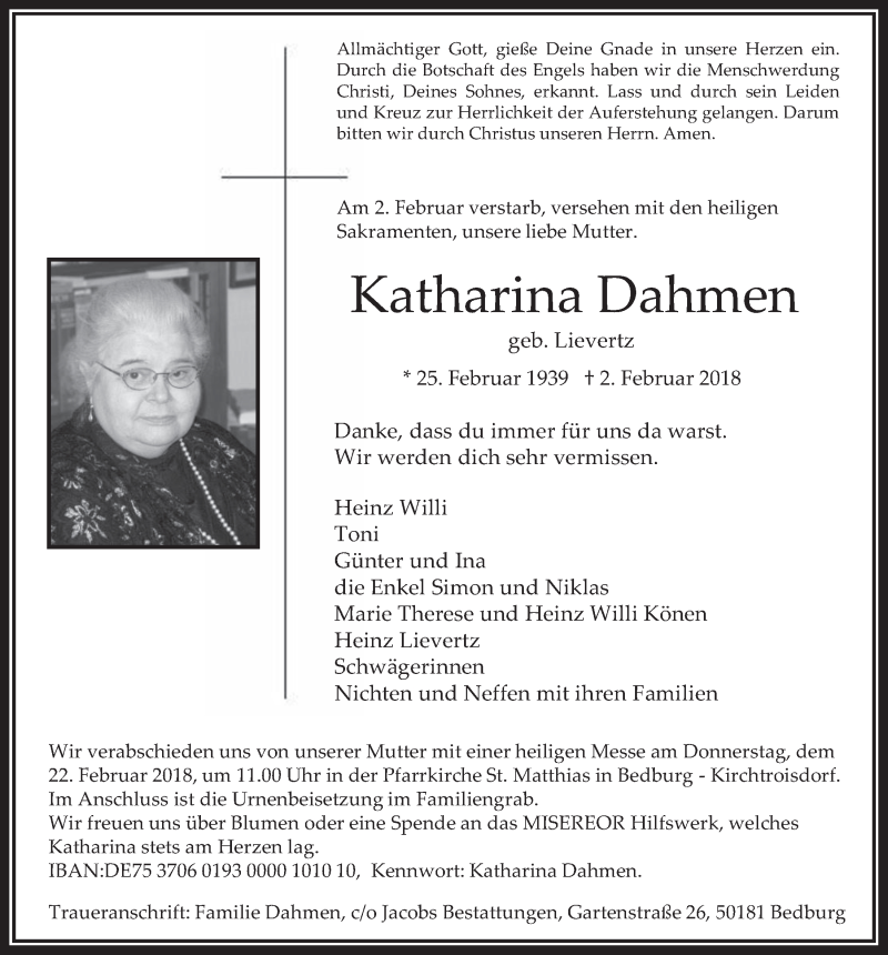  Traueranzeige für Katharina Dahmen vom 14.02.2018 aus  Werbepost 