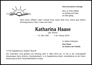 Anzeige von Katharina Haase von Kölner Stadt-Anzeiger / Kölnische Rundschau / Express