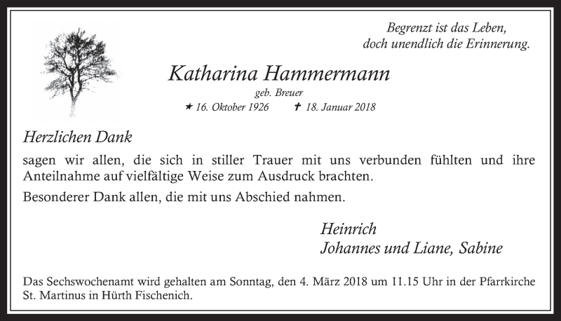  Traueranzeige für Katharina Hammermann vom 28.02.2018 aus  Wochenende 